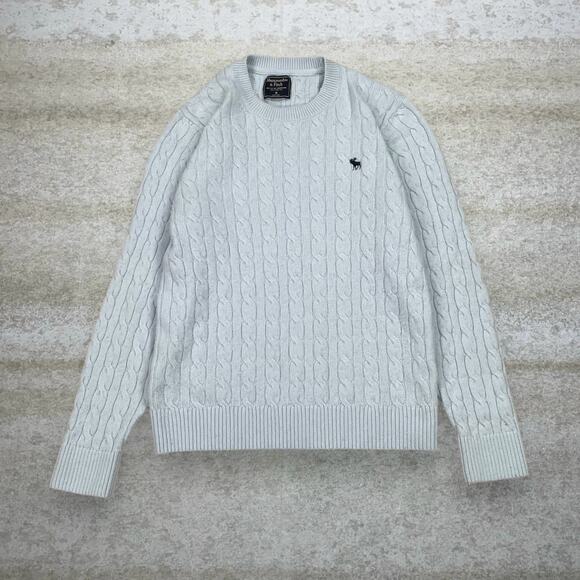 Abercrombie & Fitch Sweater Light Blue Cotton Pullover Crewneck Navy Logo - Picture 1 of 2